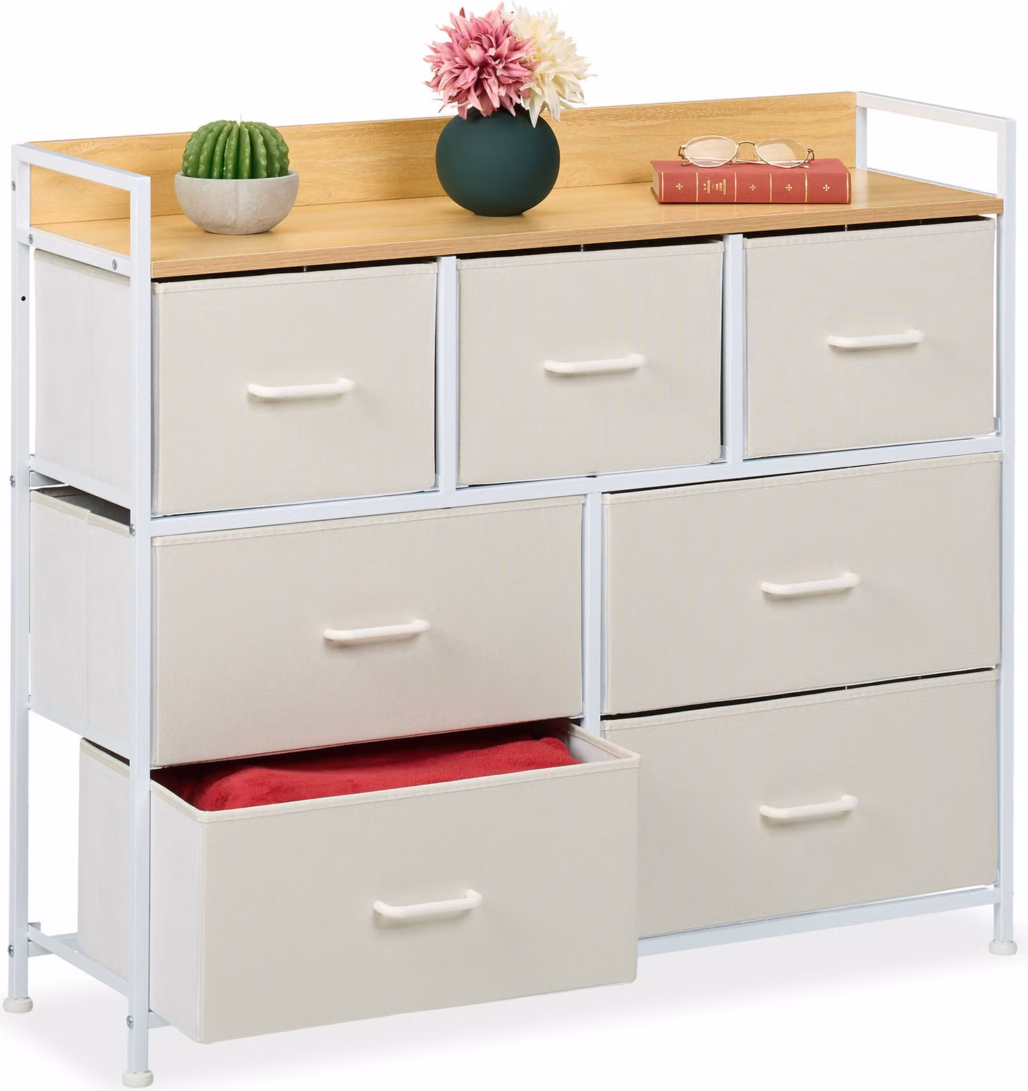 Comodino Relaxdays, L x P x A: 85 x 100 x 30,5 cm, 7 cassetti in tessuto, ingresso, camera da letto, mobile a cassetti moderno, beige/bianco