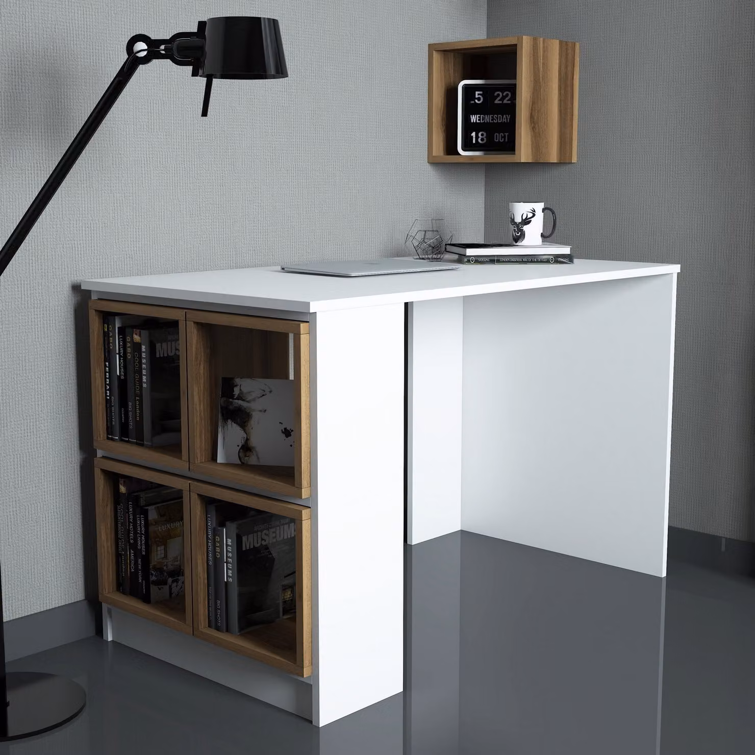 Skye Decor, Box - Bianco, Noce, Scrivania, Bianco, 100% PANNELLI DI PARTICELLE RIVESTITI IN MELAMINA, 120 x 65 x 75 cm