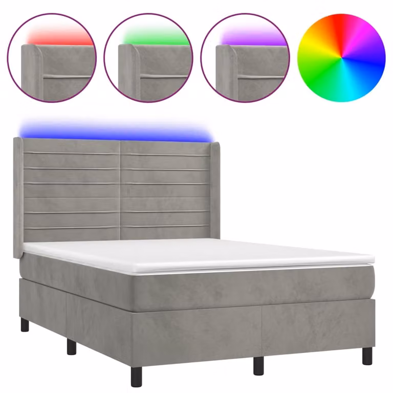Letto a Molle Materasso e LED Grigio Chiaro 140x200 cm Velluto