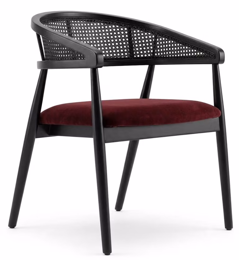 Sedia moderna, colore rosso, rivestita in tessuto, struttura in acciaio inossidabile, ideale per la sala da pranzo. Sedia imbottita con schienale a rete