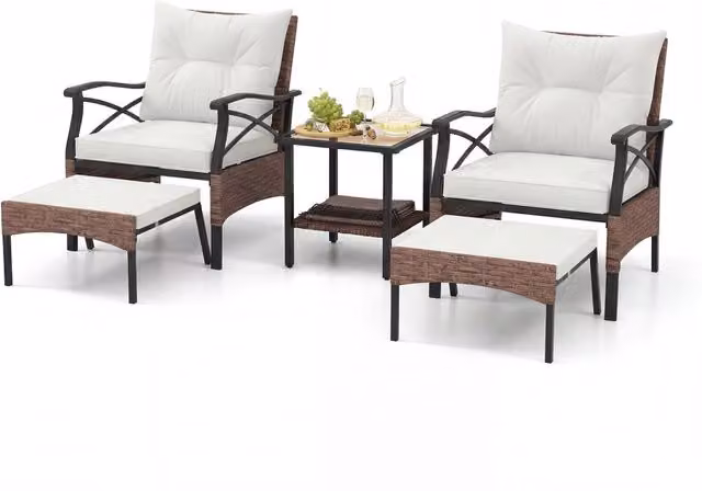 Set di mobili da giardino in rattan a 5 pezzi con sedie e poggiapiedi esterni, Tavolino in vetro temperato a 2 livelli con cuscini per portico e balcone Beige