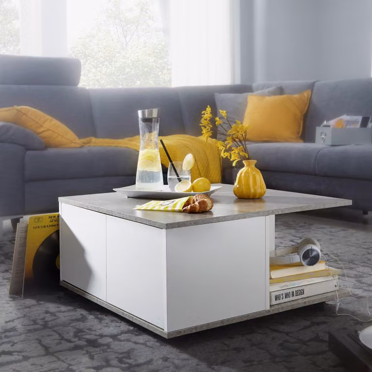 Tavolino da salotto FineBuy Design grigio cemento / bianco 70x70 cm Tavolino da salotto con 2 cassetti Tavolino da divano con rotelle Tavolino con 2 scomparti