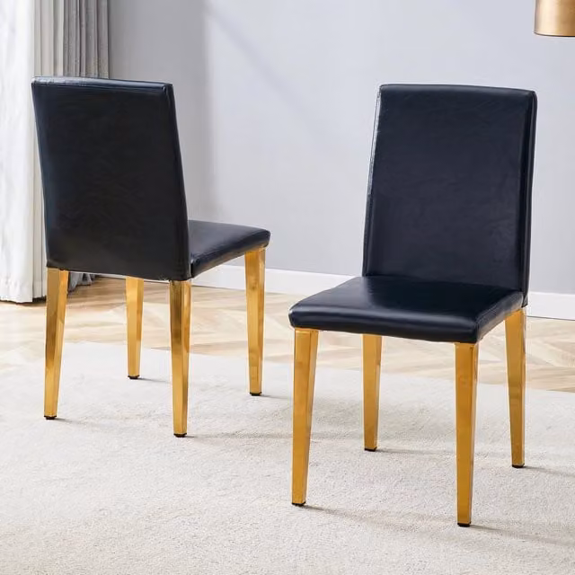 [Set di 2 sedie da pranzo minimaliste] Lusso europeo leggero in nero e oro: pelle PU nera + gambe in metallo dorato lucido, perfette per sale da pranz