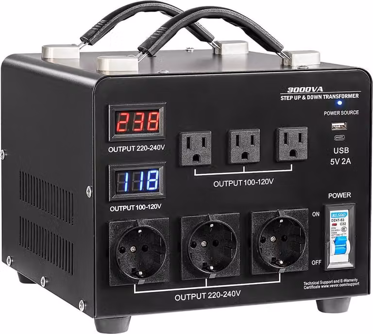 Trasformatore convertitore automatico di tensione, 3000 VA, trasformatore di potenza step-up/step-down per impieghi gravosi, da 110 V a 220 V e da 220 V a 110 V, con 3 prese USA, 3 prese UE, display LCD, protezione con interruttore automatico