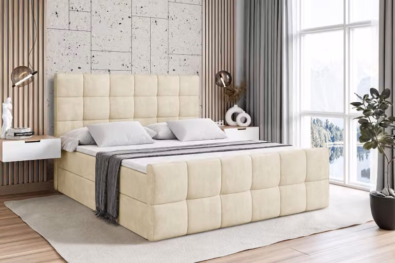 Letto boxspring ALTDECOR con materasso e rete a doghe - APO -Z - 160x200 cm - Beige Monolith - Letto boxspring, pediera, topper, letto imbottito con contenitore, letto con contenitore H4 - Materasso, letto matrimoniale, letto boxspring