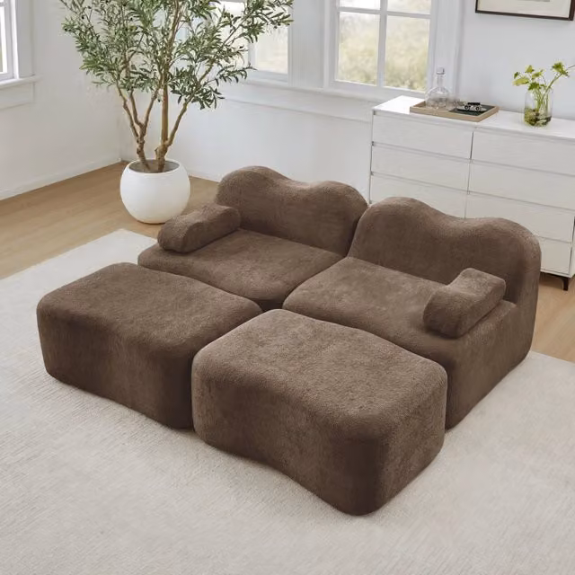 Divano Modulare 2 Posti con 2 Ottoman ¨C MINIMAL ¨C Tessuto Marrone, Braccioli Mobili