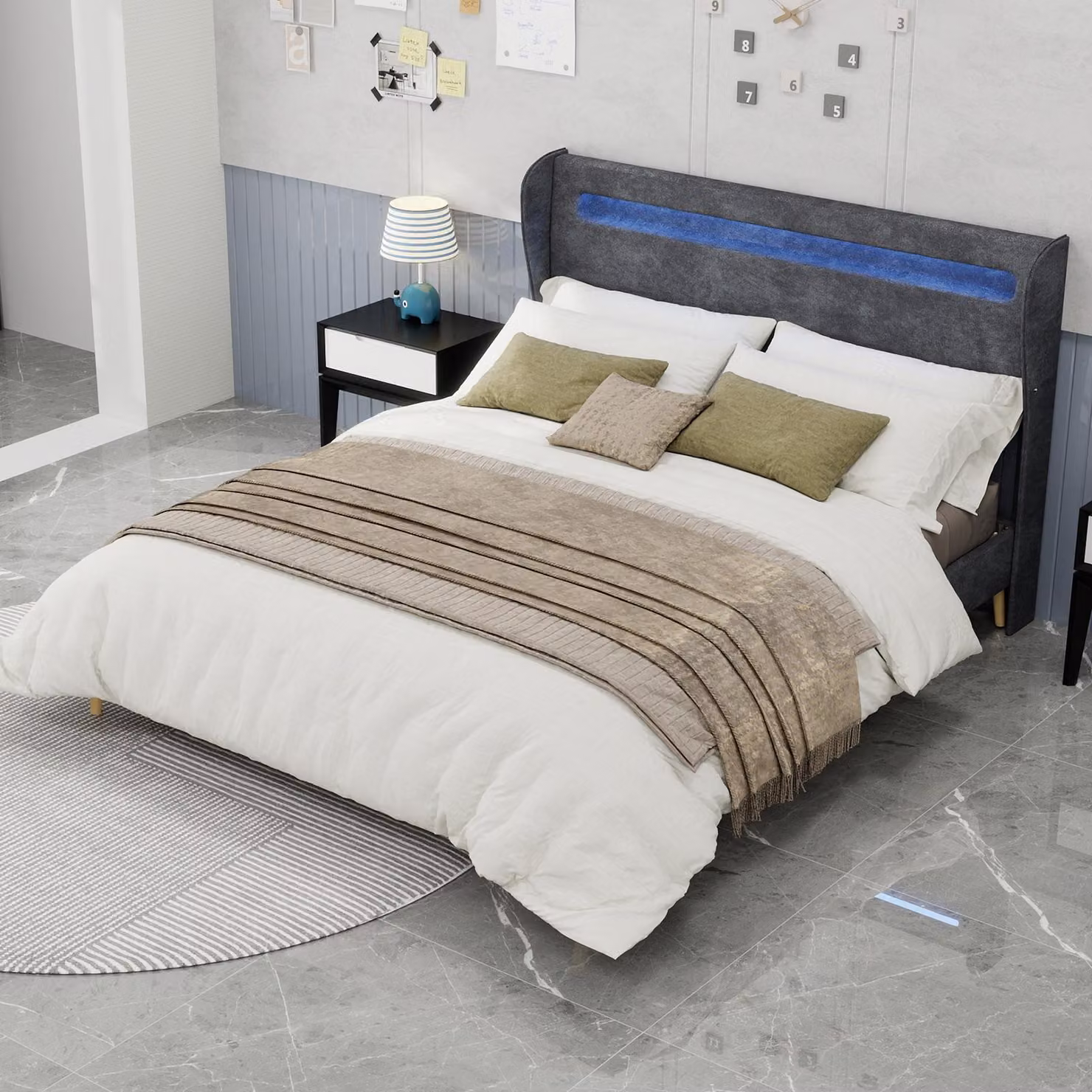 MODFU Letto imbottito moderno 160x200 con illuminazione LED cambia colore e testata, mobili per camera da letto letto letto matrimoniale con diversi supporti, senza materasso, grigio