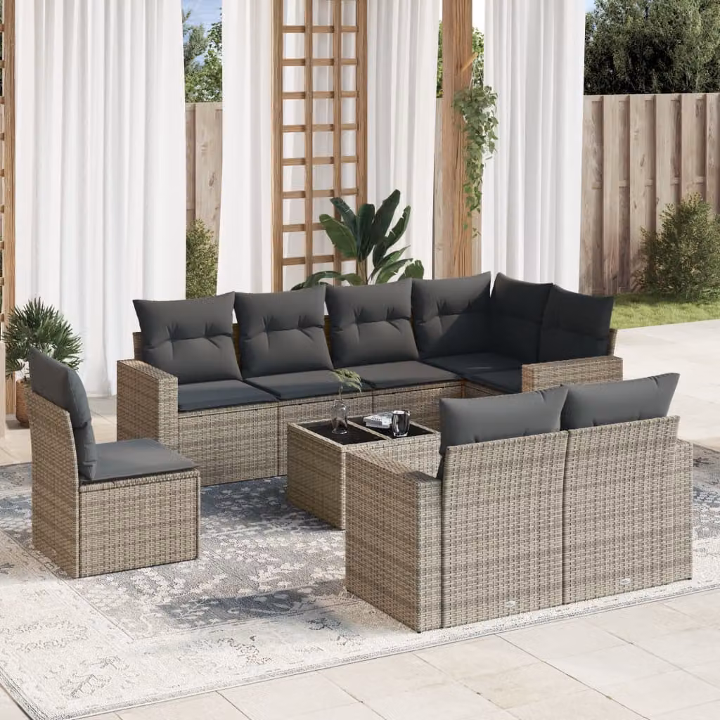Set Divano da Giardino a L vidaXL in Polyrattan Grigio con 9 Pezzi e Cuscini Imbottiti – 1