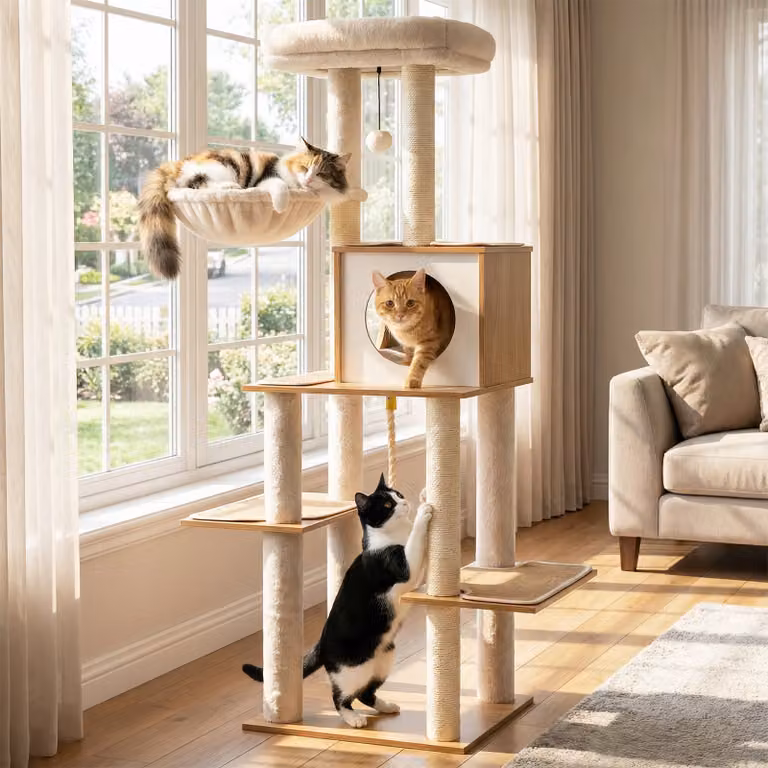 Albero per gatti moderno Costway in legno e sisal con amaca, cesto e cuscini lavabili beige, Altezza: 148 cm