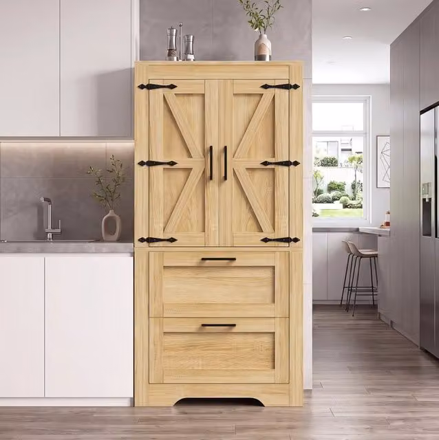 Armadio alto 60x30x128 cm naturale in PB e MDF, 2 cassetti e ripiani regolabili