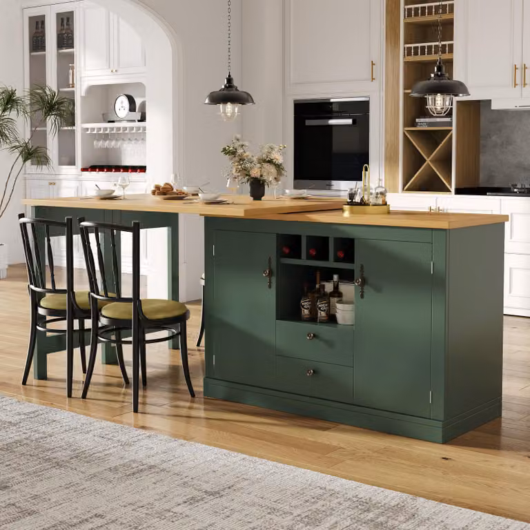 MODFU Tavolo da bar con piano allungabile, isola da cucina con cassetti e vano aperto, credenza da cucina con funzione girevole a 360°, adatto per soggiorno e sala da pranzo, verde antico