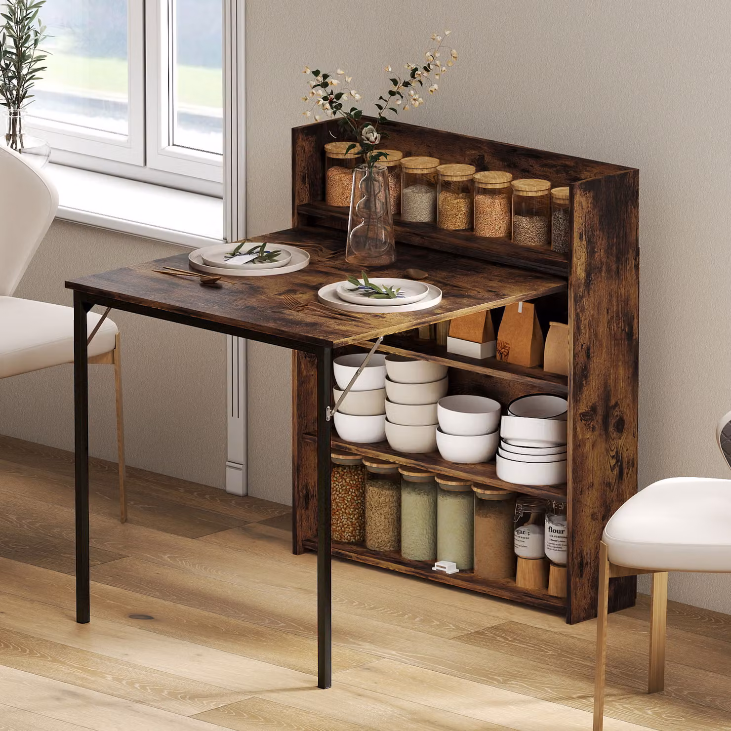 Tavolo pieghevole salvaspazio con ripiani HOMCOM in stile industriale, Marrone rustico, L: 80 cm, P: 90 cm, H: 93 cm – 2