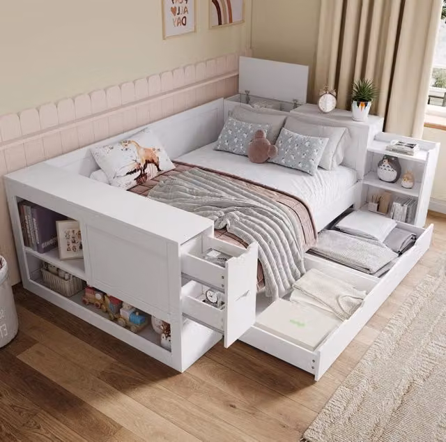 Letto multifunzionale con cassetti e spazio contenitore laterale; bianco; in MDF; 140x190 cm