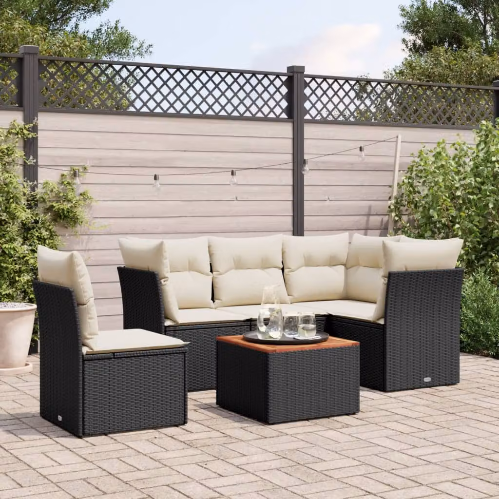 vidaXL Set Divano da Giardino a L in Polyrattan Nero con Cuscini e Tavolino da Caffè – 1