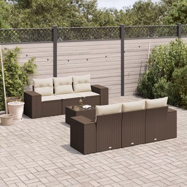 Set di divani da giardino vidaXL in 7 pezzi con cuscini marroni e bianchi in polyrattan e struttura in metallo
