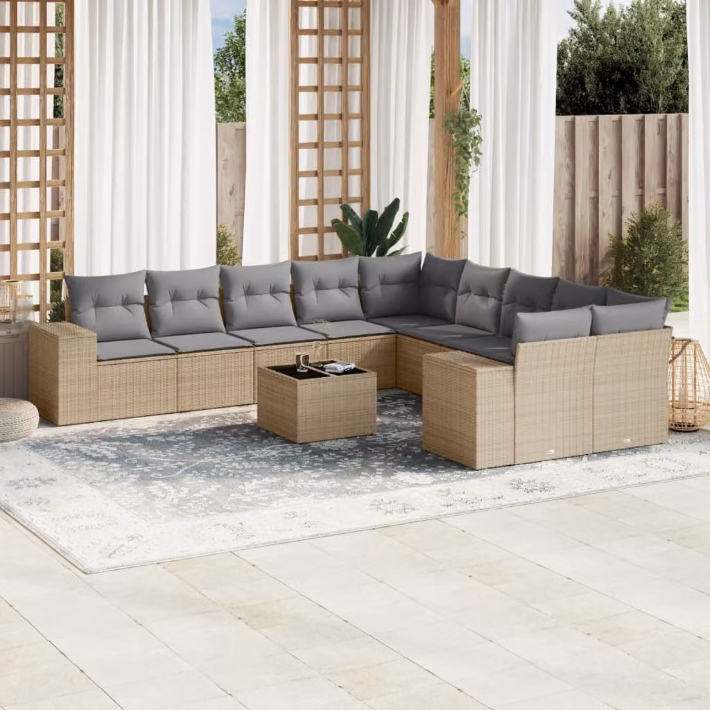 vidaXL Set Divani da Giardino 11 pz a Forma a U con Cuscini Beige e Tavolino in Polyrattan e Metallo