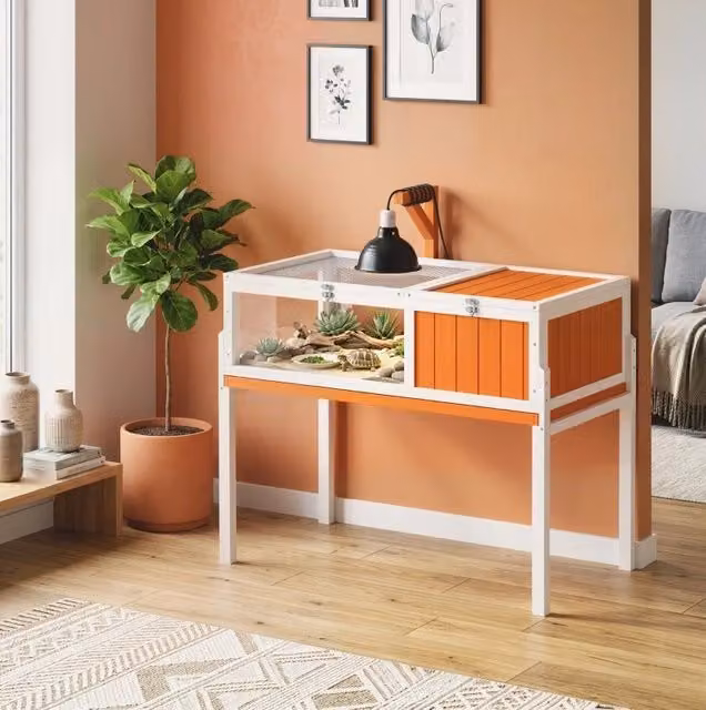 Casa per Tartarughe in Legno con Vetri Trasparenti 104x53x82 cm Bianco e Arancione
