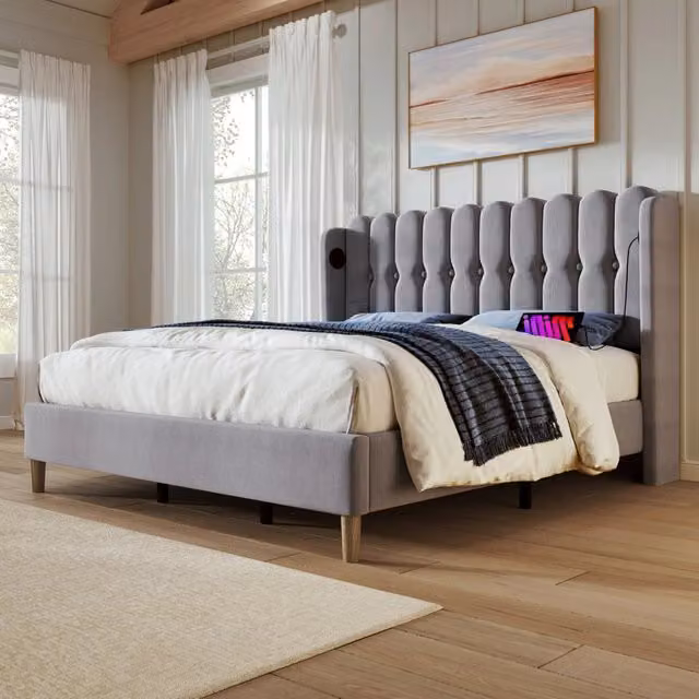 Letto matrimoniale 180x200 cm con USB e USB C; lino grigio