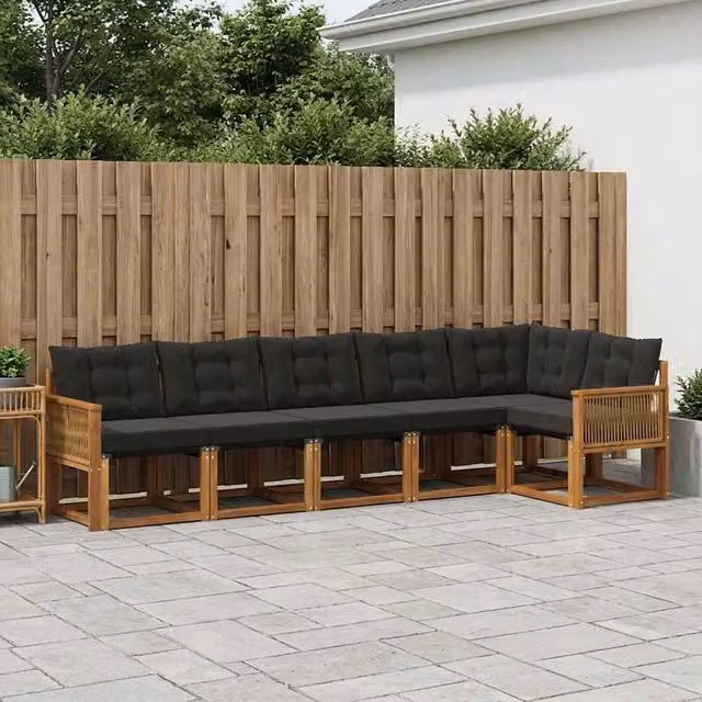 Set di divani da esterno a L vidaXL in legno di acacia e textilene, colore marrone e nero, con cuscini inclusi