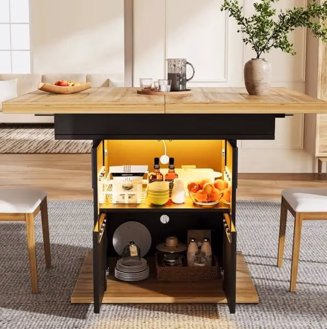 Tavolo da pranzo allungabile con spazio contenitivo e illuminazione LED, 110-140 cm, piano regolabile, nero-legno