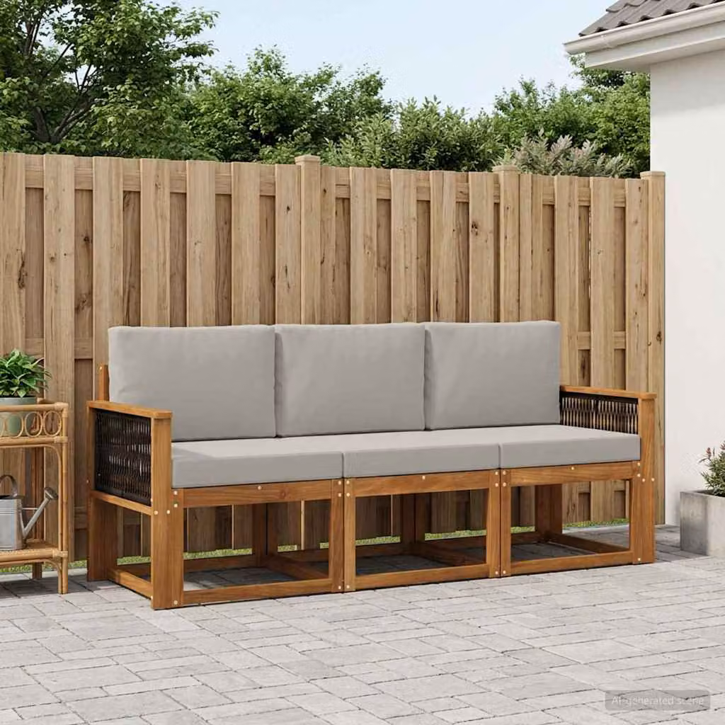 Set di divani da esterno vidaXL in legno di acacia con cuscini, 3 pezzi, Beige e Grigio