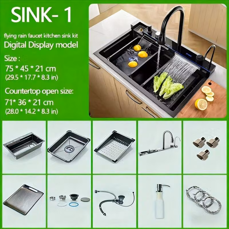 Rubinetto da cucina - 75x45 cm - Acciaio inossidabile nero - Miscelatore a cascata - Display digitale - Lavello