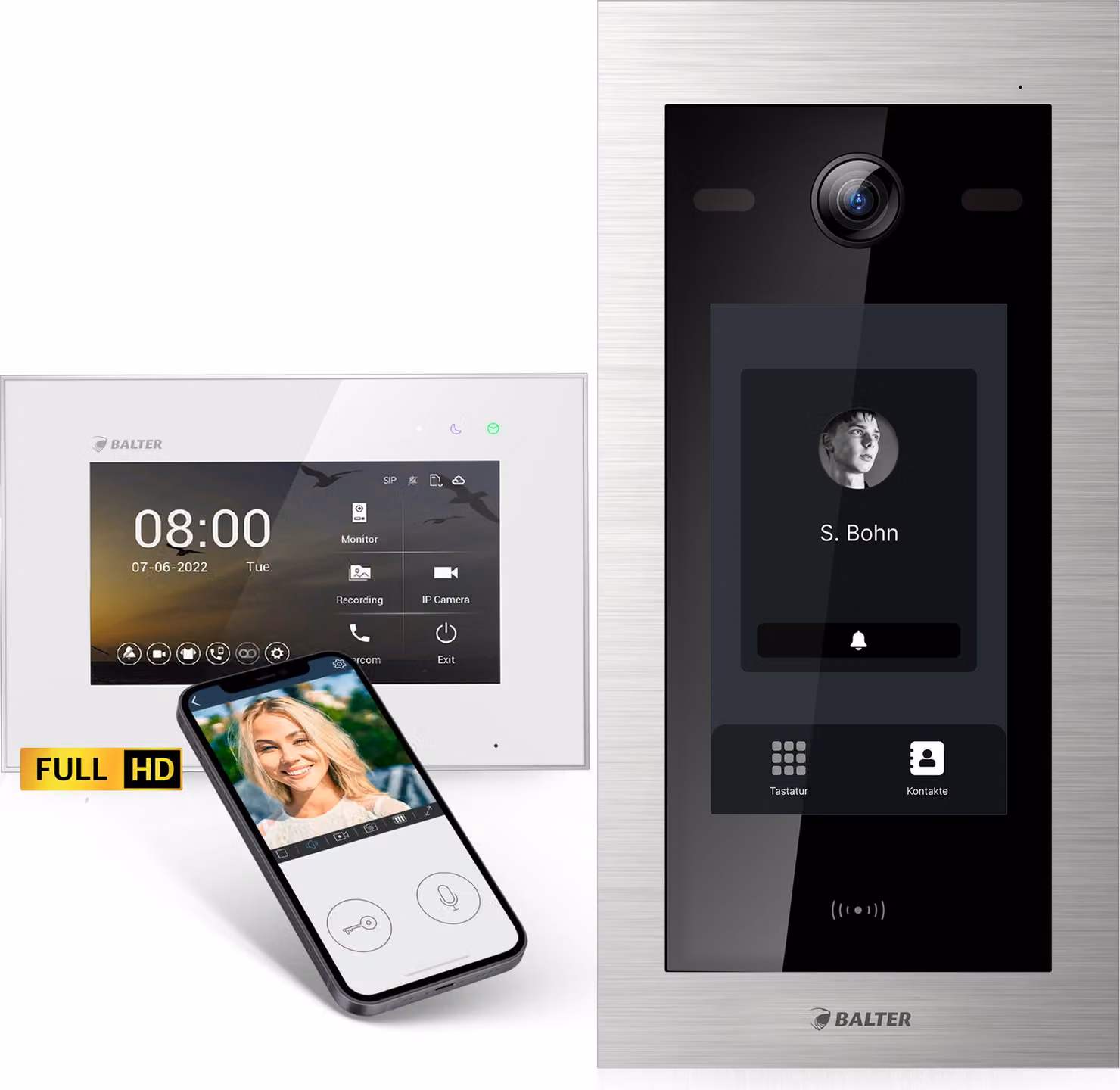 Videocitofono Balter EVO-HD con posto esterno touchscreen, campanello video, app, casa 1 famiglia, 1x monitor da 7 pollici, full HD, bus a 2 fili