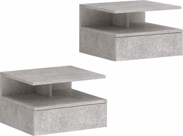 Set di 2 Comodini Sospesi HOMCOM con Cassetto e Mensola Aperta, Grigio Cemento, L 35 cm x P 32 cm x H 22,5 cm