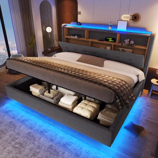 Letto matrimoniale contenitore 180x200 cm effetto sospeso con LED; testiera portaoggetti; USB e USB-C; lino grigio