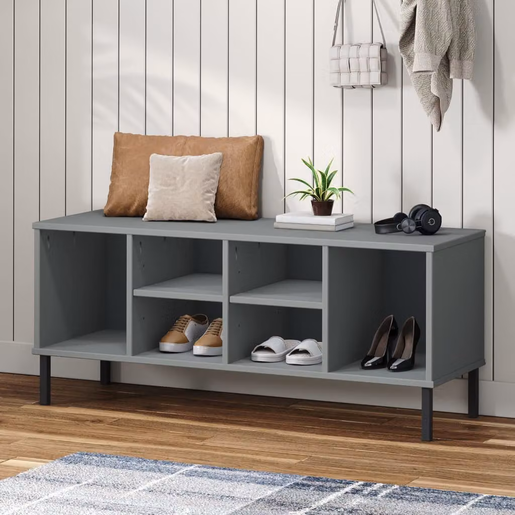 Scarpiera OSLO vidaXL in legno massello di pino e metallo, Grigio, L 106 x P 35 x H 45 cm