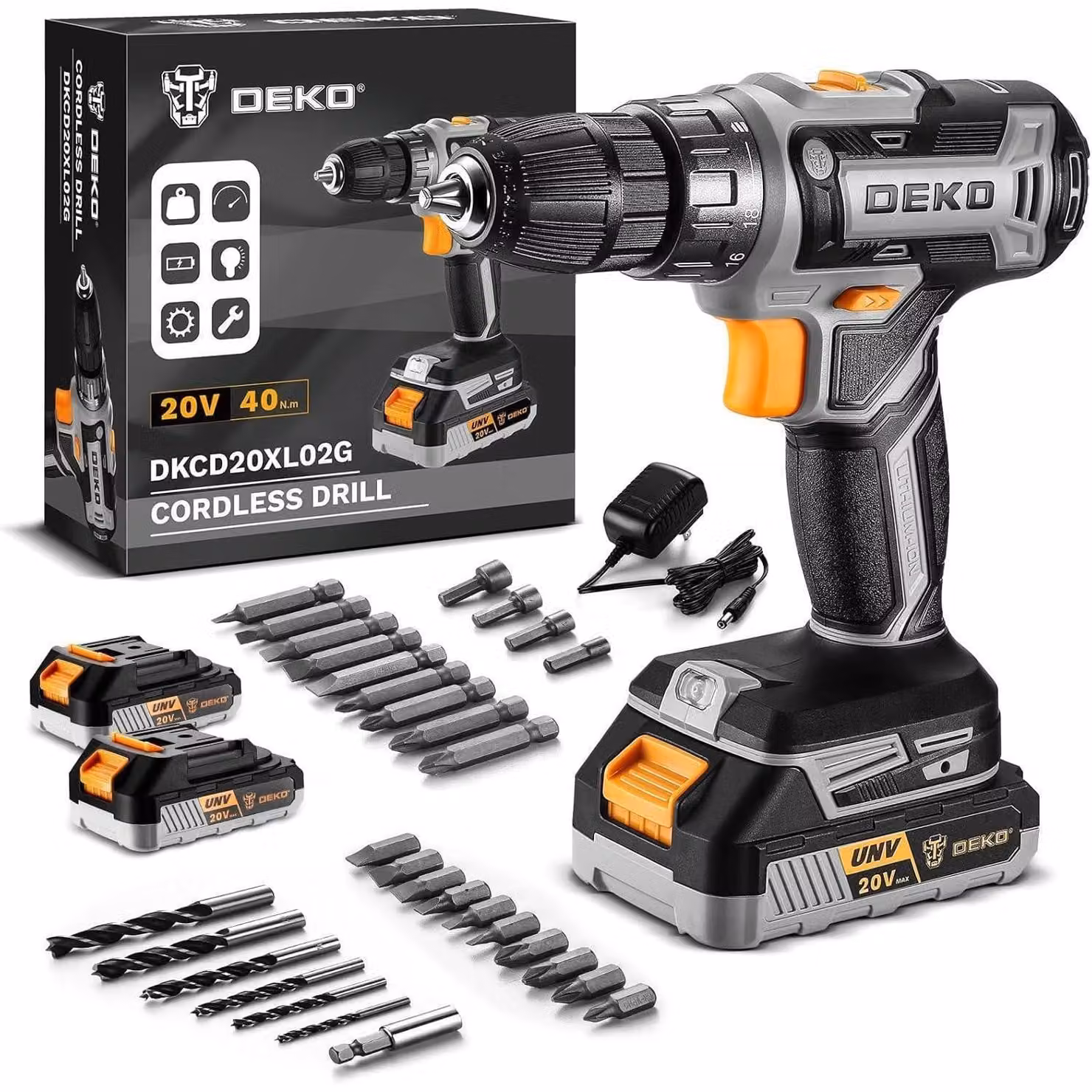 Set di avvitatori a batteria da 20V, 40Nm, con 2 batterie, ricarica rapida in 60 minuti, 30 accessori inclusi, colore grigio