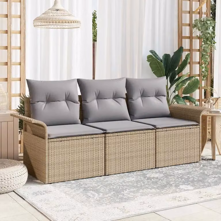 Set Divano da Giardino 3 posti vidaXL in Rattan e Metallo con Cuscini Beige
