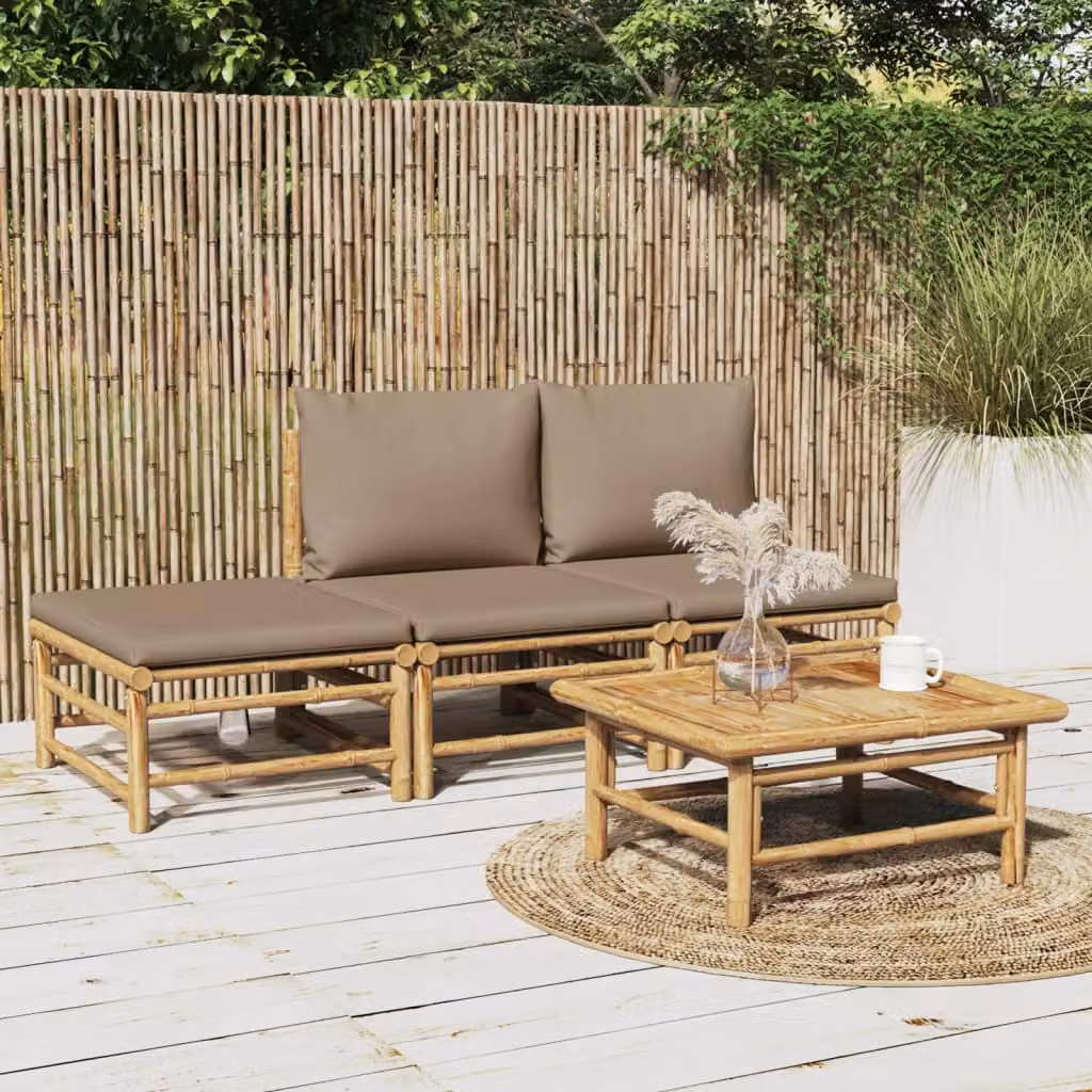Set Salotto da Giardino vidaXL in Bambù con Cuscini Beige e Marrone, 4 Pezzi Moderni per Terrazza e Giardino