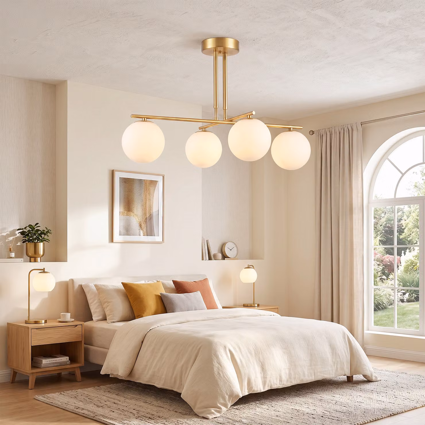 Lampadario a Sospensione Moderno HOMCOM con 4 Sfere in Vetro e Acciaio, Altezza Regolabile, Colore Oro e Bianco – 2