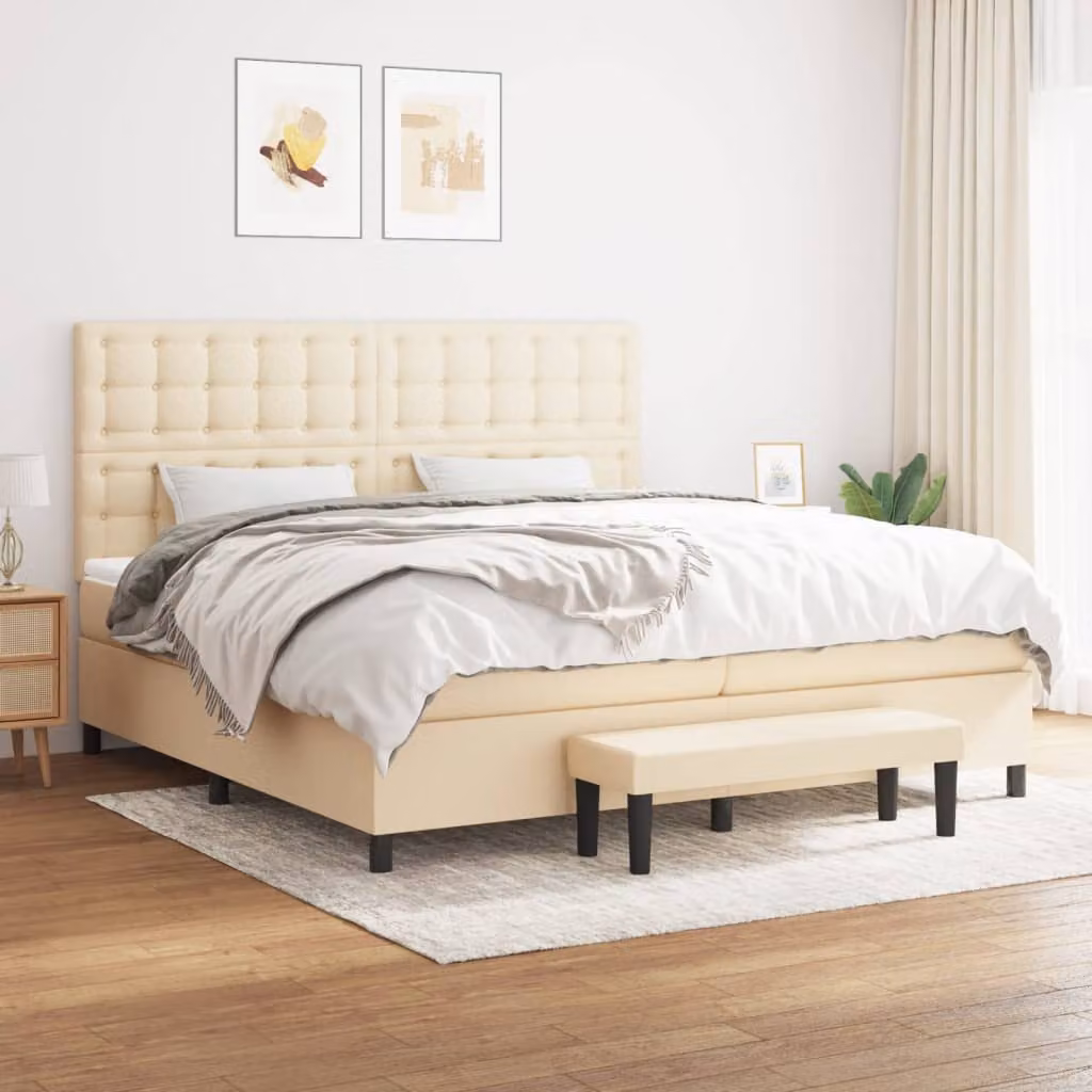 Letto Ibrido Moderno vidaXL con Testata e Panca in Legno e Tessuto Beige e Bianco L/P/H: 200 x 200 x 128 cm