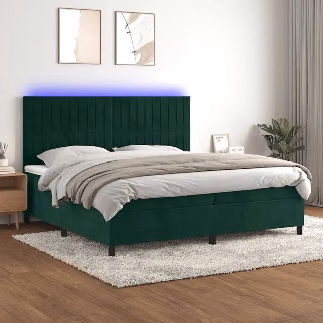 Letto matrimoniale con materasso ibrido vidaXL in velluto verde scuro con illuminazione LED sottostante e porta USB, L/P: 200 x 200 cm – 1