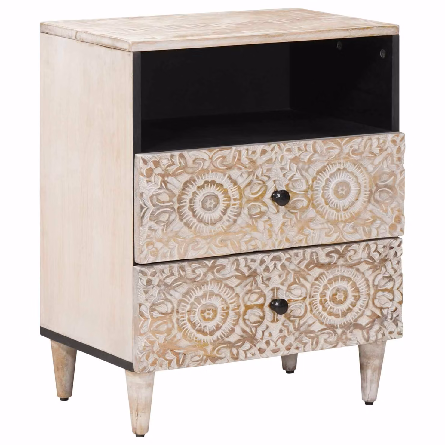 vidaXL Mobiletto da Letto in Legno di Mango Bianco e Nero con Design Rustico e Decorazioni Floreali L: 50 cm, P: 33 cm, H: 60 cm
