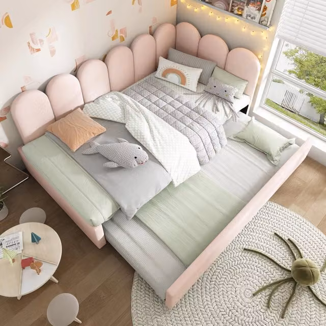 Letto divano 90 × 200 cm con estraibile 90 × 190 cm, imbottito in velluto rosa, senza materasso
