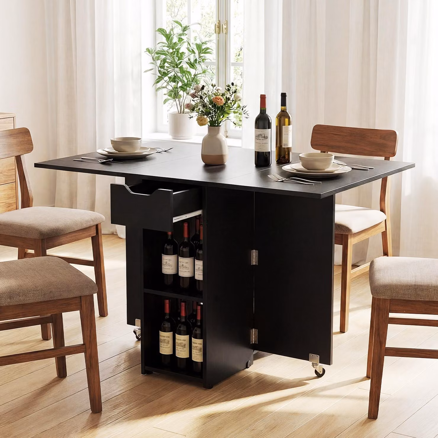 COSTWAY Tavolo da pranzo pieghevole, tavolo da cucina con rotelle, cassetto e 2 ripiani, tavolo pieghevole per 2-4 persone, tavolo da pranzo 120x72x75 cm Nero