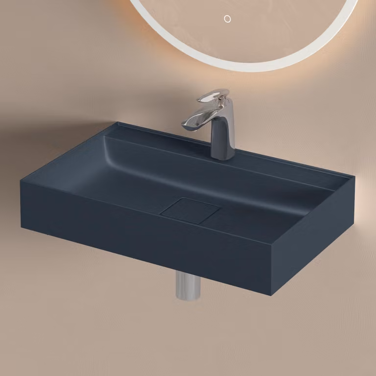 doporro Lavabo Bagno Sospeso 60 cm Rettangolare in Resina Antracite Opaco con Vasca Integrata a Sinistra e Piletta Inclusa Colossum630