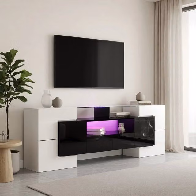 Cassettiera per TV bianca e nera in truciolare lunghezza 200 cm