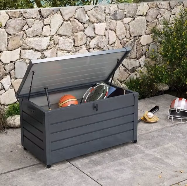 Box da giardino impermeabile in acciaio 311 L con ruote e coperchio chiudibile; grigio scuro