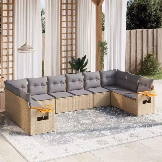 vidaXL Set Divano da Giardino 10 pz in Polyrattan con Cuscini Beige e Tavolino da Esterno – 1