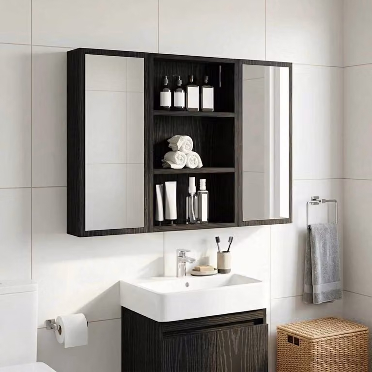 Armadio da bagno a muro vidaXL moderno in rovere e nero con ripiani interni e ante a battente L 40 cm, P 10 cm, H 60,5 cm