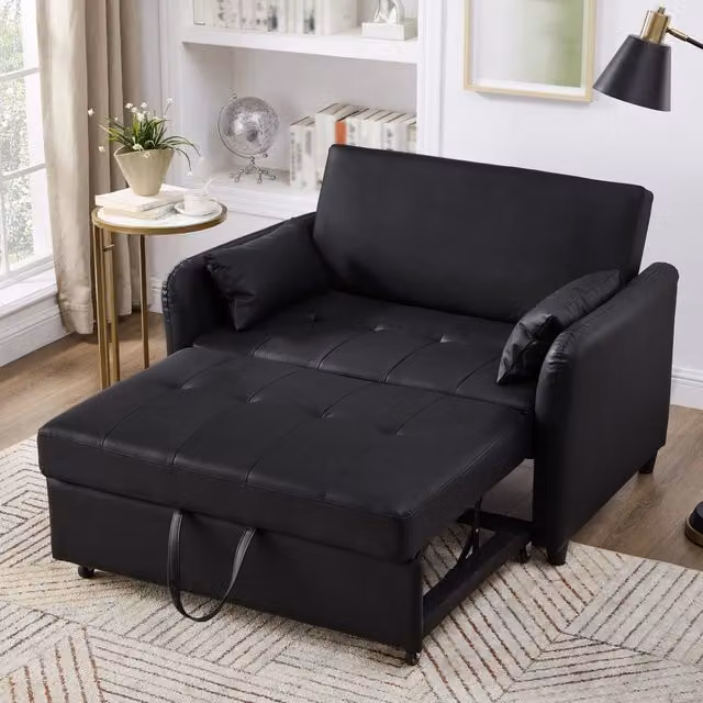 Divano letto estraibile a due posti con schienale regolabile su 3 posizioni e due cuscini per ospiti in PU nero antico