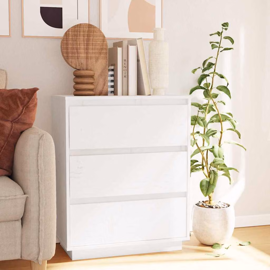 Credenza moderna vidaXL in legno massello di pino bianca L: 60 cm, P: 34 cm, H: 75 cm