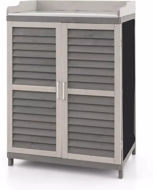 Armadietto da esterno in legno di abete con 2 ante magnetiche, 1 ripiano e piano in metallo placcato 67x47x100 cm Grigio