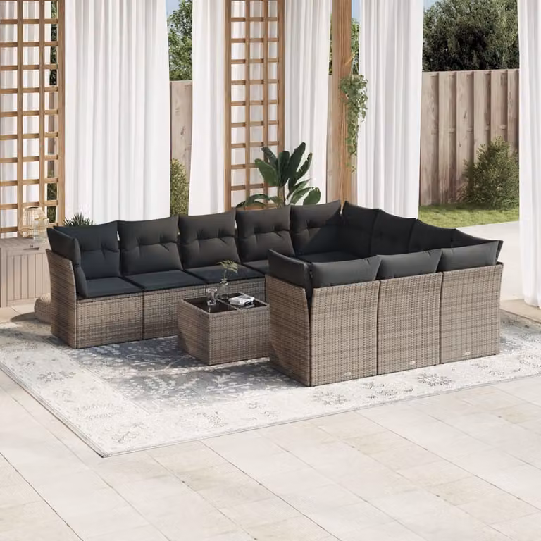vidaXL Set Divani da Giardino 11 pz in Polyrattan Grigio con Cuscini e Tavolino da Caffè