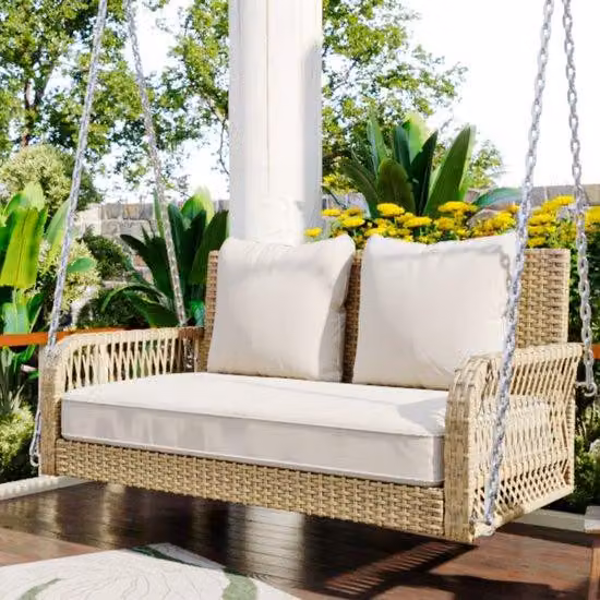 Altalena da giardino in rattan beige a 2 posti con cuscini e schienale