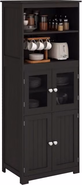 Mobile Dispensa Cucina Buffet con Ante in Vetro Credenza Multiuso Salvaspazio con Ripiano Regolabile Nero 60x30x162 cm